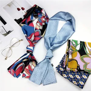 Women's Long Silk Feel Skinny Scarf Elegant Floral Geometric Chain Print Ribbon Scarf For Bag Handle Neck Hair Band