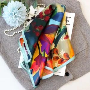 Oil painting style silk small square scarf, elegant floral print with light blue border.