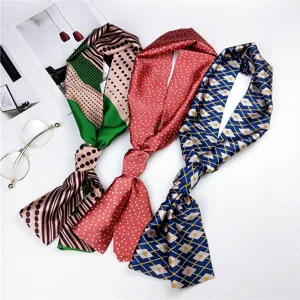 Long skinny silk scarf for women, elegant twilly ribbon for handbag, neckerchief and hair band.