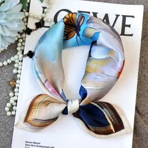 Luxury silk square scarf featuring stunning artistic oil painting butterfly floral print.