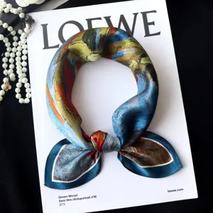 Pure mulberry silk square scarf with artistic oil painting print, versatile neck accessory.