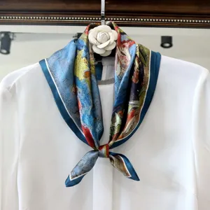 Blue oil painting silk scarf luxury style square neckerchief elegant women accessories 55cm