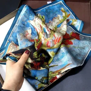 Silk square scarf art oil painting style women neckerchief elegant mulberry silk hair scarf 55cm