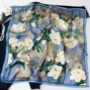 Luxurious oil painting floral silk square scarf, elegant blue white design for stylish women.