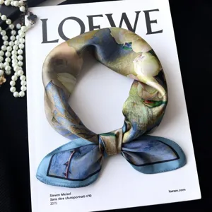 Silk scarf small square scarf oil painting floral retro elegant neckerchief for women fashion accessory