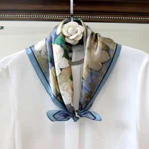 Silk small square scarf oil painting floral neckerchief elegant accessory for women