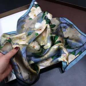 Pure silk small square scarf featuring elegant oil painting floral print and blue border.