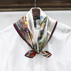 Silk square scarf vintage newspaper art print stylish neckerchief for women fashion accessory
