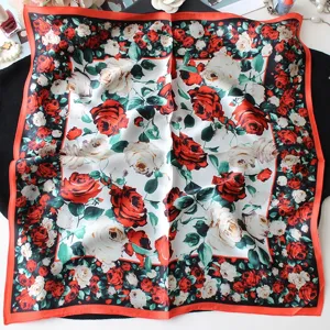 Silk scarf 55cm square retro oil painting floral design elegant mulberry silk neckerchief