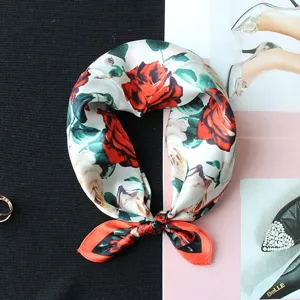 Mulberry silk square scarf featuring an elegant oil painting red rose floral print design for women.