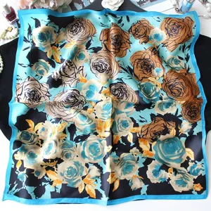 Silk scarf oil painting floral square scarf retro luxury style elegant neckerchief wrap 55cm
