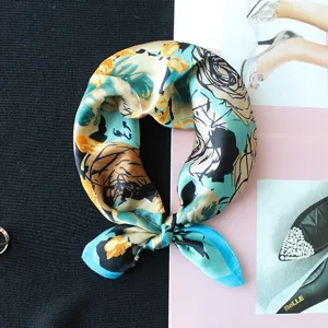 Chic 55cm pure mulberry silk square scarf with vibrant oil painting floral print design.