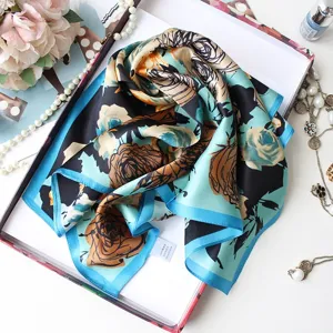 Floral silk scarf 53x53cm retro oil painting style square neckerchief elegant accessory