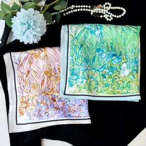 Artistic oil painting silk square scarf elegant women neckerchief decorative wrap