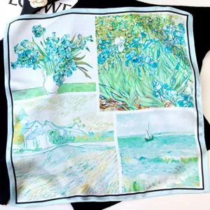 Pure mulberry silk small square scarf with artistic oil painting print, elegant neckerchief accessory.
