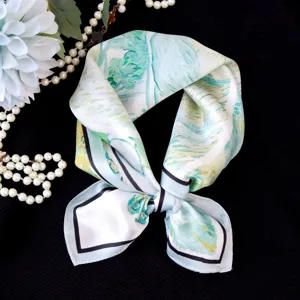 Silk square scarf oil painting style small neckerchief elegant floral decorative wrap