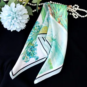 Silk small square scarf with artistic oil painting design, detailed floral pattern view, elegant accessory.