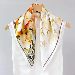 Elegant silk square scarf featuring a beautiful oil painting floral design, perfect for women.