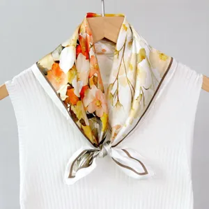 Silk floral scarf for women, elegant oil painting design neckerchief, soft fashion accessory.