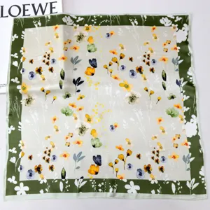 Silk square scarf featuring oil painting floral print, green border, chic accessory for women.