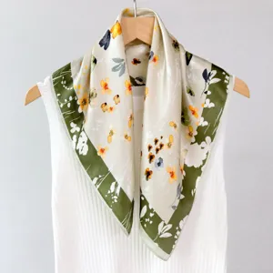 Floral silk square scarf with oil painting design, elegant neck accessory for women.