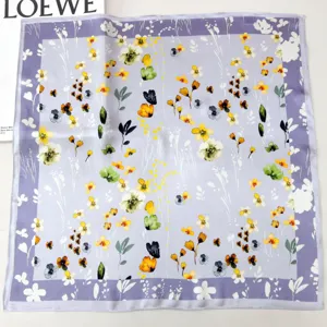 Silk square scarf featuring elegant watercolor floral print, vintage style lavender neckerchief