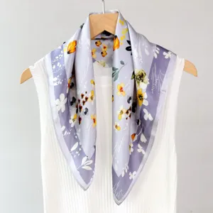Exquisite oil painting floral small silk scarf detail view, elegant purple accessory.
