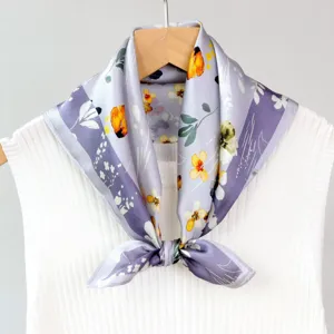 Floral print silk square scarf detail, elegant oil painting style neckerchief.