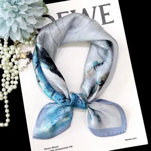 Exquisite silk square scarf detail, artistic oil painting blue and grey pattern, elegant neck accessory