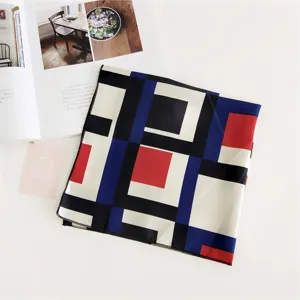 Geometric color block small square silk scarf for women, elegant fashion neck accessory.