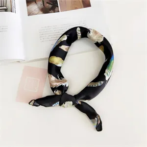 Women small silk square scarf black feather print neckerchief elegant decor accessory