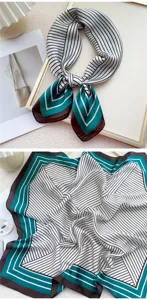 Chic 70cm square silk scarf with black white stripes and elegant teal brown border detail.