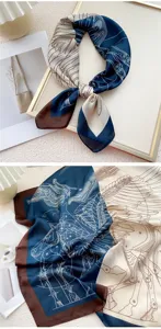 Blue cream square silk scarf with anatomical horse art print, elegant neckerchief for women.