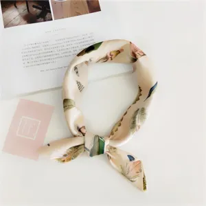 Silk square scarf women small neckerchief feather print elegant spring summer accessory