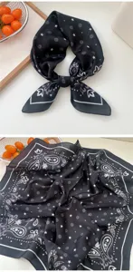 Black paisley silk scarf square 70x70 for women spring summer fashion neckerchief daily wear.