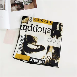 Fashion newspaper print small square scarf silk neckerchief for women spring summer daily.