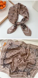 Khaki paisley print square silk scarf for women, elegant neck scarf, chic spring summer accessory.