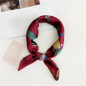Women maroon silk square scarf elegant floral bird print neckerchief stylish spring accessory