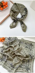 Olive green silk scarf 70x70cm paisley print square neckerchief for women detailed view