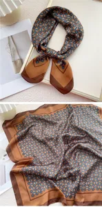 Brown small square silk scarf vintage geometric pattern neckerchief for women fashion accessory