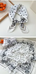 Women small square silk scarf with paisley star print, elegant neckerchief accessory.