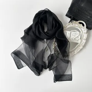 Elegant black sheer silk scarf, lightweight sheer wrap shawl for women, premium spring accessory.