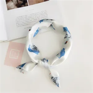 Silk small square scarf detail, blue and white abstract print, chic spring summer neckerchief.