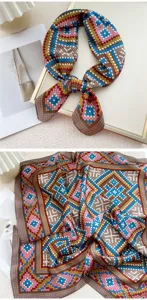 Stylish geometric print square silk scarf, exquisite mosaic pattern neckerchief detail.