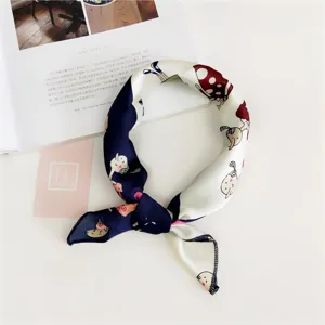 Women fashion silk square scarf cute cartoon print neckerchief stylish hair accessory 50cm