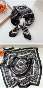 Elegantes schwarz-weisses Seidenquadrattuch mit Vintage-Ketten- und Muschelmotivdruck.
