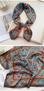 Detailed view of stylish geometric pattern small square scarf, perfect for seasonal styling.
