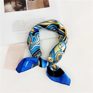 Chic blue geometric abstract print small square silk scarf for women stylish neckerchief