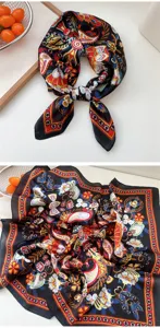 Detailed view of women small square silk scarf, colorful floral print neckerchief design.