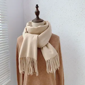Detail view of cozy solid color cashmere-feel fringe scarf for women winter fashion warm wear.